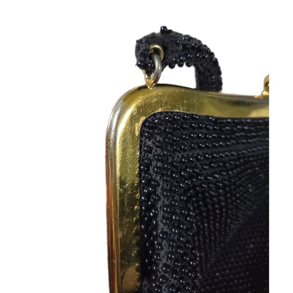 Vintage Beaded Handbag Tote Black Gold Snap Closure - Picture 8 of 8
